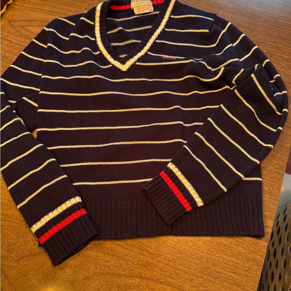 Vintage Lacoste V-Neck Blue and White Striped Sweater